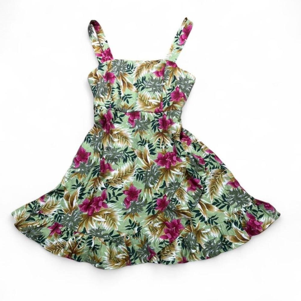 Kori America Hawaiian Floral faux wrap dress adjustable straps smocked back